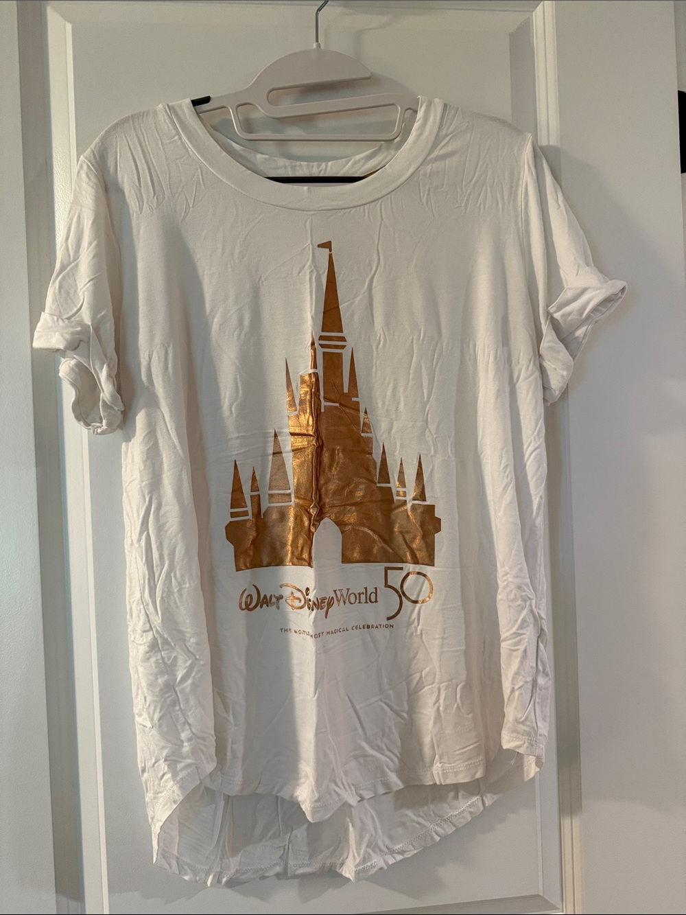 Disney White Short Sleeve Tee with Rose Gold Castle 50th Logo
